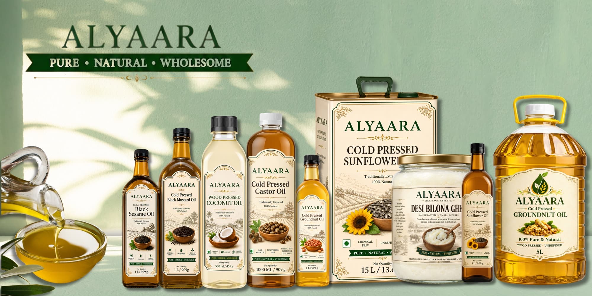 Alyaara — Pure, Natural, Wholesome. Our full range of cold-pressed oils and A2 ghee.